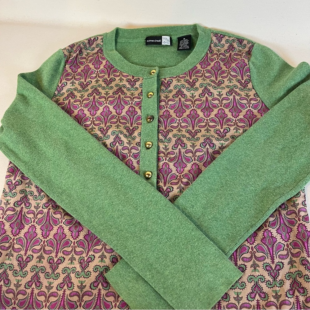 Saks Fifth Avenue Classic Green Cotton‎ and Purple Silk Blend Cardigan Sweater M - Picture 7 of 13